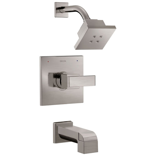 Qty (1): Delta Ara Collection Stainless Steel Finish Modern 1 Handle Monitor 14 Square Tub and Shower Faucet Combo Trim