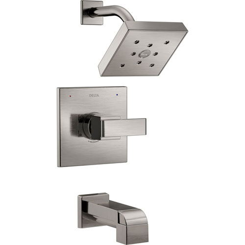 Delta Ara Modern Square Stainless Steel Finish 14 Series H2Okinetic Single Handle Tub and Shower Combination Faucet INCLUDES Rough-in Valve D1168V