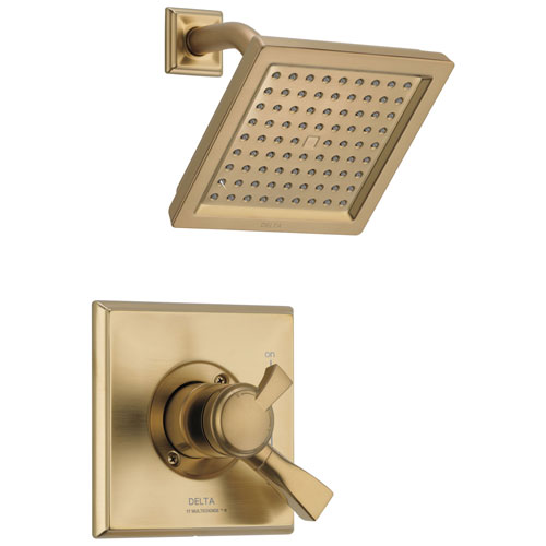 Qty (1): Delta Dryden Collection Champagne Bronze Water Efficient 1 75 GPM Dual Control Shower Faucet with Square Showerhead Trim
