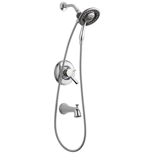 Qty (1): Delta Linden Collection Chrome Dual Temp and Pressure Control Tub and Shower with 2 in 1 Hand Shower Showerhead Combo Trim