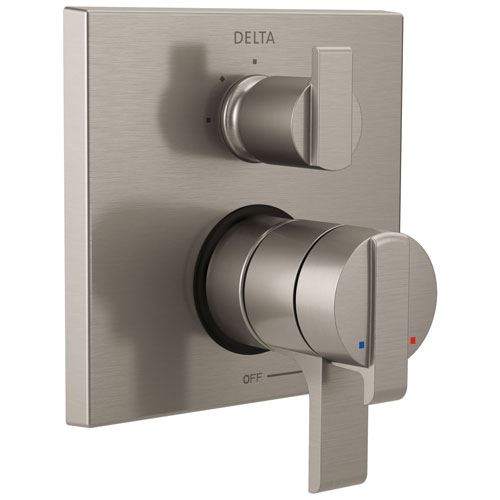Qty (1): Delta Ara Collection Stainless Steel Finish Modern Shower Faucet Control Handle with 3 Setting Integrated Diverter Trim