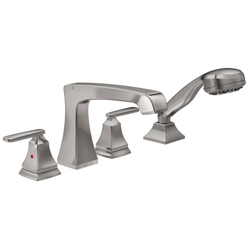 Qty (1): Delta Ashlyn Collection Stainless Steel Finish High Flow Roman Bath Tub Filler Faucet Trim with Hand Shower Sprayer