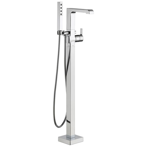 Qty (1): Delta Ara Collection Chrome Floor Mount Freestanding Contemporary Tub Filler Faucet with Hand Shower Trim Kit only