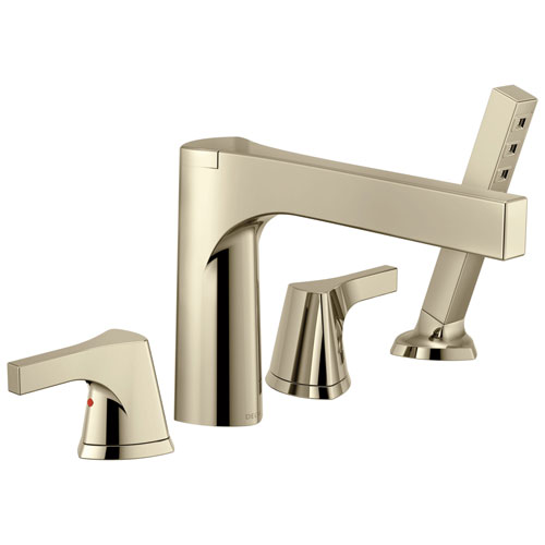 Qty (1): Delta Zura Collection Polished Nickel Contemporary 4 Hole Deck Mounted Roman Tub Filler Faucet with Handheld Shower Trim Kit