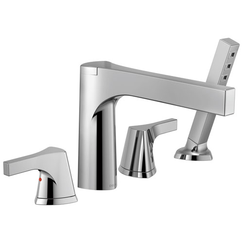 Qty (1): Delta Zura Collection Chrome Finish 4 Hole Roman Tub Filler Faucet with Hand Shower Trim Kit