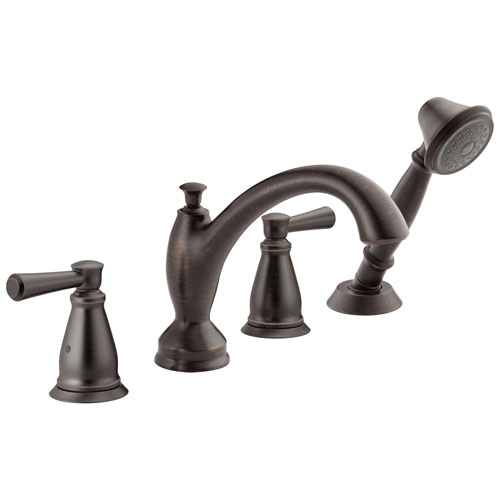 Qty (1): Delta Linden Collection Venetian Bronze Deck Mounted Roman Tub Filler Faucet with Hand Shower Sprayer Trim Kit