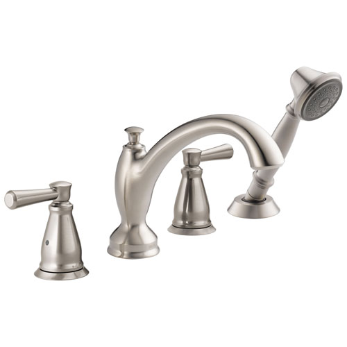 Qty (1): Delta Linden Collection Stainless Steel Finish Roman Tub Filler Faucet with Hand Shower Sprayer Trim Kit