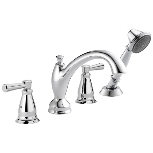 Qty (1): Delta Linden Collection Chrome Finish Deck Mounted Roman Tub Filler Faucet with Hand Shower Sprayer Trim Kit