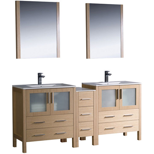 Fresca 72" Light Oak Double Sink Bathroom Vanity, Side Mirror