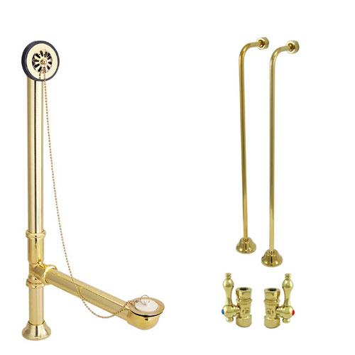 Brass Clawfoot Tub Hardware Kit Drain, Single Offset Supply lines, Lever Stops