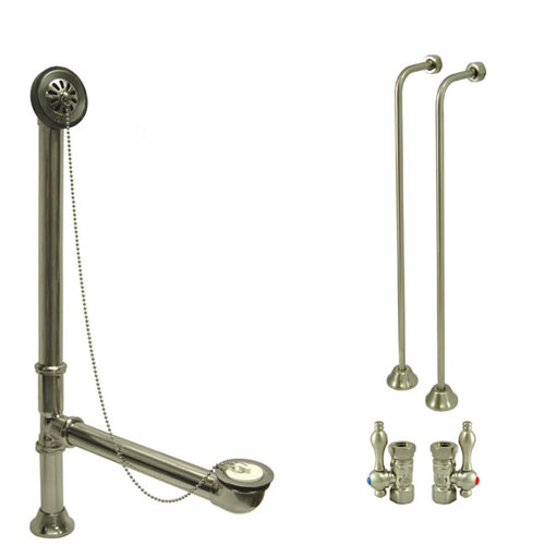 Nickel Clawfoot Tub Hardware Kit Drain, Single Offset Supply lines, Lever Stops