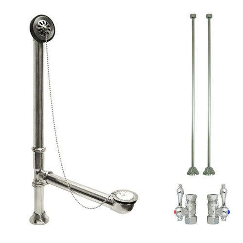 Chrome Clawfoot Tub Hardware Kit Drain, Straight Supply lines, Lever Stops