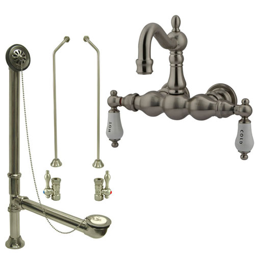 Satin Nickel Wall Mount Clawfoot Tub Faucet Package w Drain Supplies Stops CC1003T8system