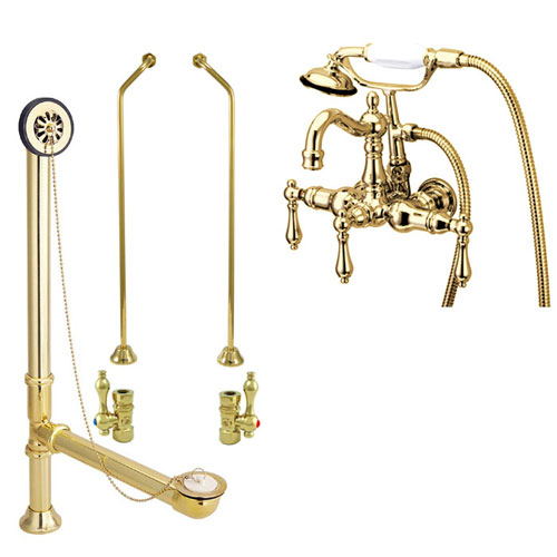 Polished Brass Wall Mount Clawfoot Tub Faucet Package w Drain Supplies Stops CC1007T2system