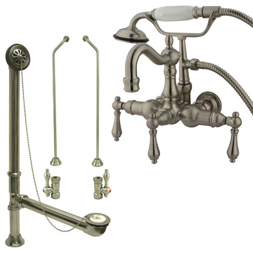 Satin Nickel Wall Mount Clawfoot Tub Faucet w hand shower w Drain Supplies Stops CC1007T8system