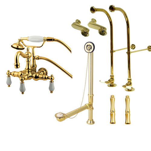Freestanding Floor Mount Polished Brass White Porcelain Lever Handle Clawfoot Tub Filler Faucet with Hand Shower Package 1011T2FSP