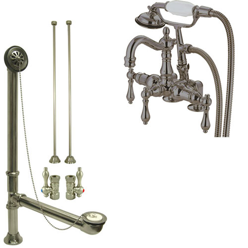 Satin Nickel Deck Mount Clawfoot Tub Faucet w hand shower w Drain Supplies Stops CC1013T8system