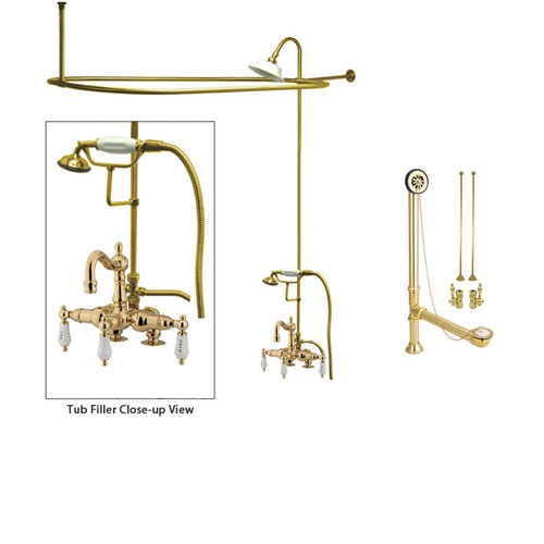 Polished Brass Clawfoot Tub Faucet Shower Kit with Enclosure Curtain Rod 1017T2CTS