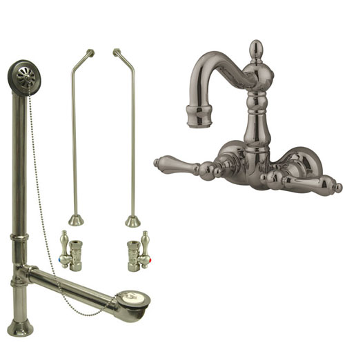 Satin Nickel Wall Mount Clawfoot Tub Faucet Package w Drain Supplies Stops CC1071T8system