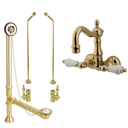 Polished Brass Wall Mount Clawfoot Tub Faucet Package w Drain Supplies Stops CC1075T2system