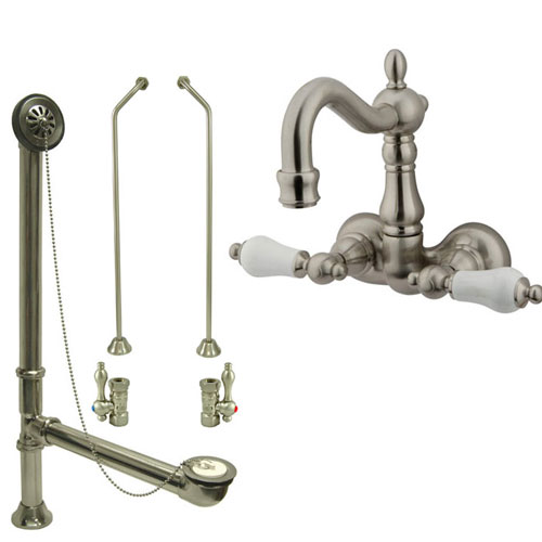 Satin Nickel Wall Mount Clawfoot Tub Faucet Package w Drain Supplies Stops CC1075T8system