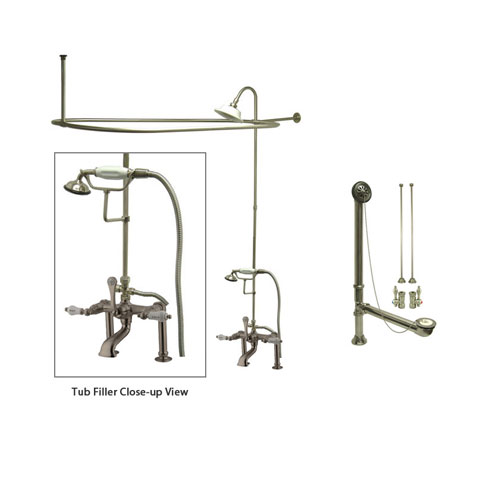 Satin Nickel Clawfoot Tub Faucet Shower Kit with Enclosure Curtain Rod 107T8CTS