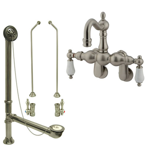 Satin Nickel Wall Mount Clawfoot Tub Faucet Package w Drain Supplies Stops CC1083T8system