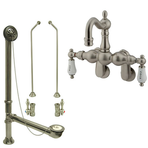 Satin Nickel Wall Mount Clawfoot Tub Faucet Package w Drain Supplies Stops CC1085T8system