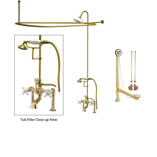 Polished Brass Clawfoot Tub Faucet Shower Kit with Enclosure Curtain Rod 111T2CTS