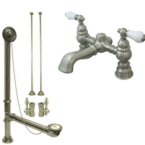 Satin Nickel Deck Mount Clawfoot Tub Faucet Package w Drain Supplies Stops CC1130T8system