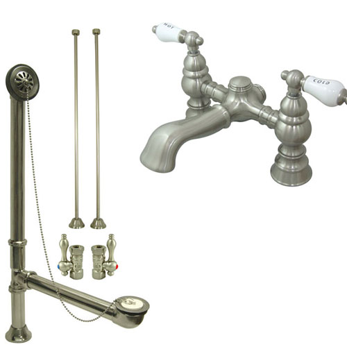 Satin Nickel Deck Mount Clawfoot Tub Faucet Package w Drain Supplies Stops CC1132T8system