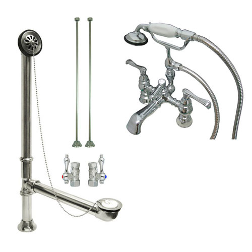 Chrome Deck Mount Clawfoot Tub Faucet w hand shower w Drain Supplies Stops CC1152T1system