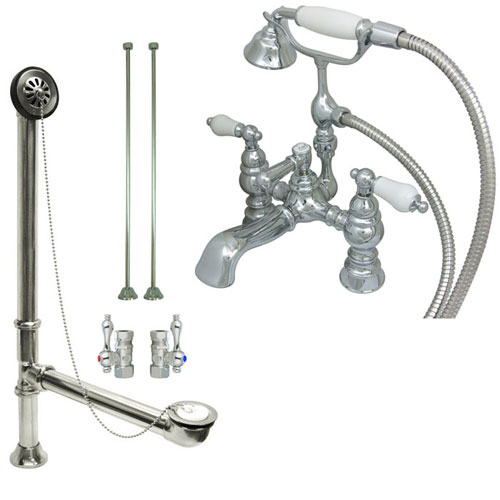 Chrome Deck Mount Clawfoot Tub Faucet w hand shower w Drain Supplies Stops CC1156T1system