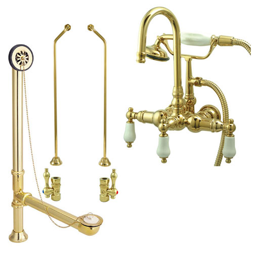 Polished Brass Wall Mount Clawfoot Tub Faucet Package w Drain Supplies Stops CC11T2system