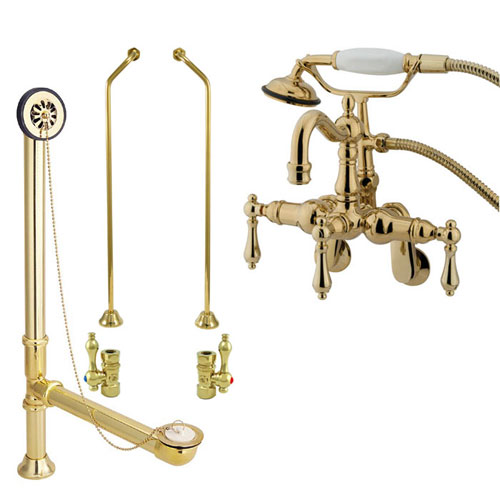 Polished Brass Wall Mount Clawfoot Tub Faucet w hand shower Drain Supplies Stops CC1301T2system