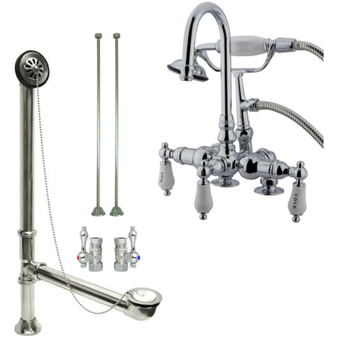 Chrome Deck Mount Clawfoot Tub Faucet w hand shower w Drain Supplies Stops CC18T1system