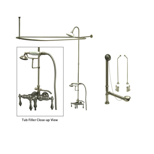 Satin Nickel Clawfoot Tub Faucet Shower Kit with Enclosure Curtain Rod 19T8CTS