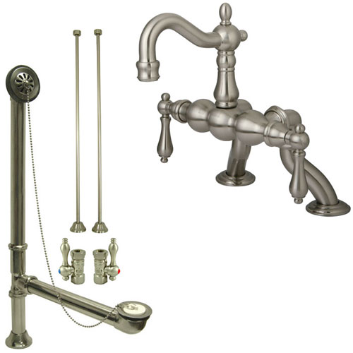 Satin Nickel Deck Mount Clawfoot Tub Faucet Package w Drain Supplies Stops CC2001T8system