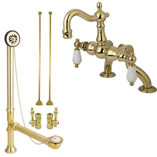 Polished Brass Deck Mount Clawfoot Tub Faucet Package w Drain Supplies Stops CC2005T2system