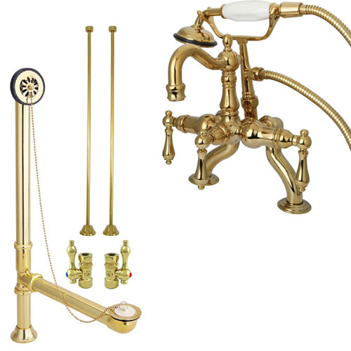 Polished Brass Deck Mount Clawfoot Tub Faucet Package w Drain Supplies Stops CC2007T2system