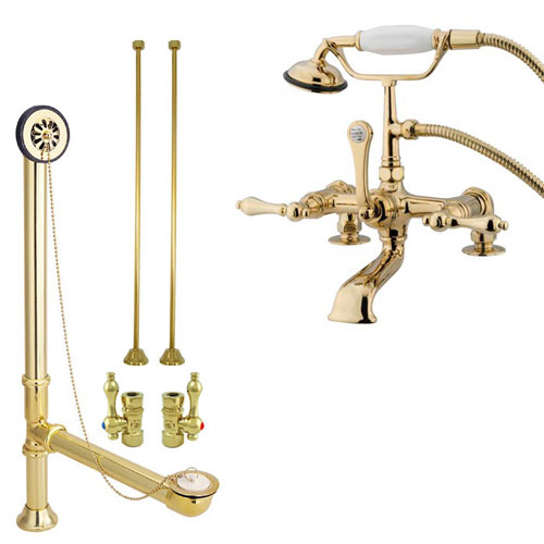 Polished Brass Deck Mount Clawfoot Tub Faucet Package w Drain Supplies Stops CC203T2system