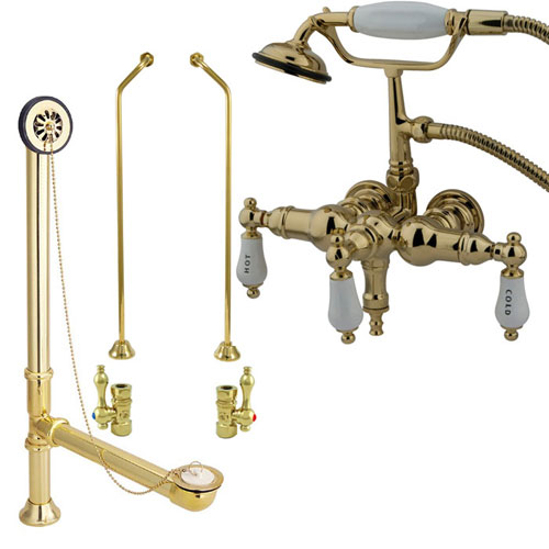 Polished Brass Wall Mount Clawfoot Tub Faucet w hand shower Drain Supplies Stops CC21T2system