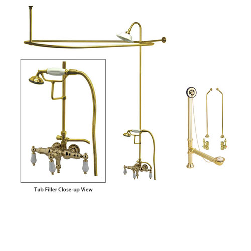 Polished Brass Clawfoot Tub Faucet Shower Kit with Enclosure Curtain Rod 23T2CTS