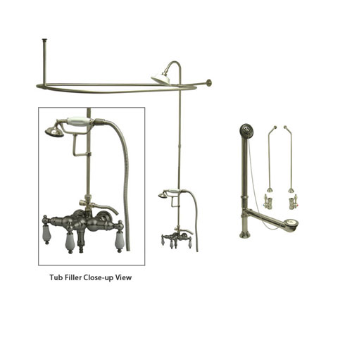 Satin Nickel Clawfoot Tub Faucet Shower Kit with Enclosure Curtain Rod 23T8CTS