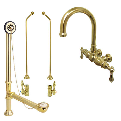Polished Brass Wall Mount Clawfoot Tub Faucet Package w Drain Supplies Stops CC3001T2system