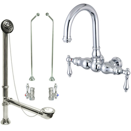 Chrome Wall Mount Clawfoot Tub Faucet Package w Drain Supplies Stops CC3002T1system