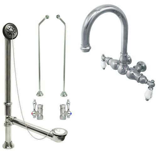 Chrome Wall Mount Clawfoot Tub Filler Faucet Package Supply Lines & Drain CC3004T1system