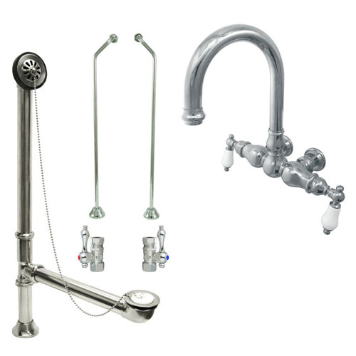 Chrome Wall Mount Clawfoot Tub Filler Faucet Package Supply Lines & Drain CC3006T1system