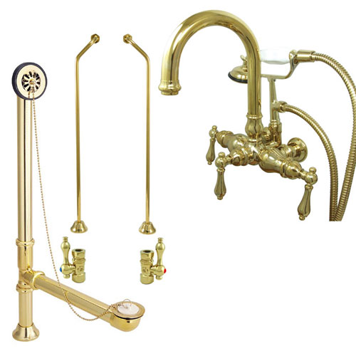Polished Brass Wall Mount Clawfoot Tub Faucet Package w Drain Supplies Stops CC3013T2system