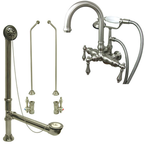 Satin Nickel Wall Mount Clawfoot Tub Faucet w hand shower w Drain Supplies Stops CC3013T8system